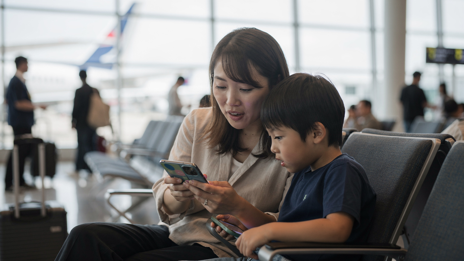 空港の搭乗ゲートで、出発前の親子がスマホの画面をのぞき込み、eSIMの設定について話し合っている様子。
