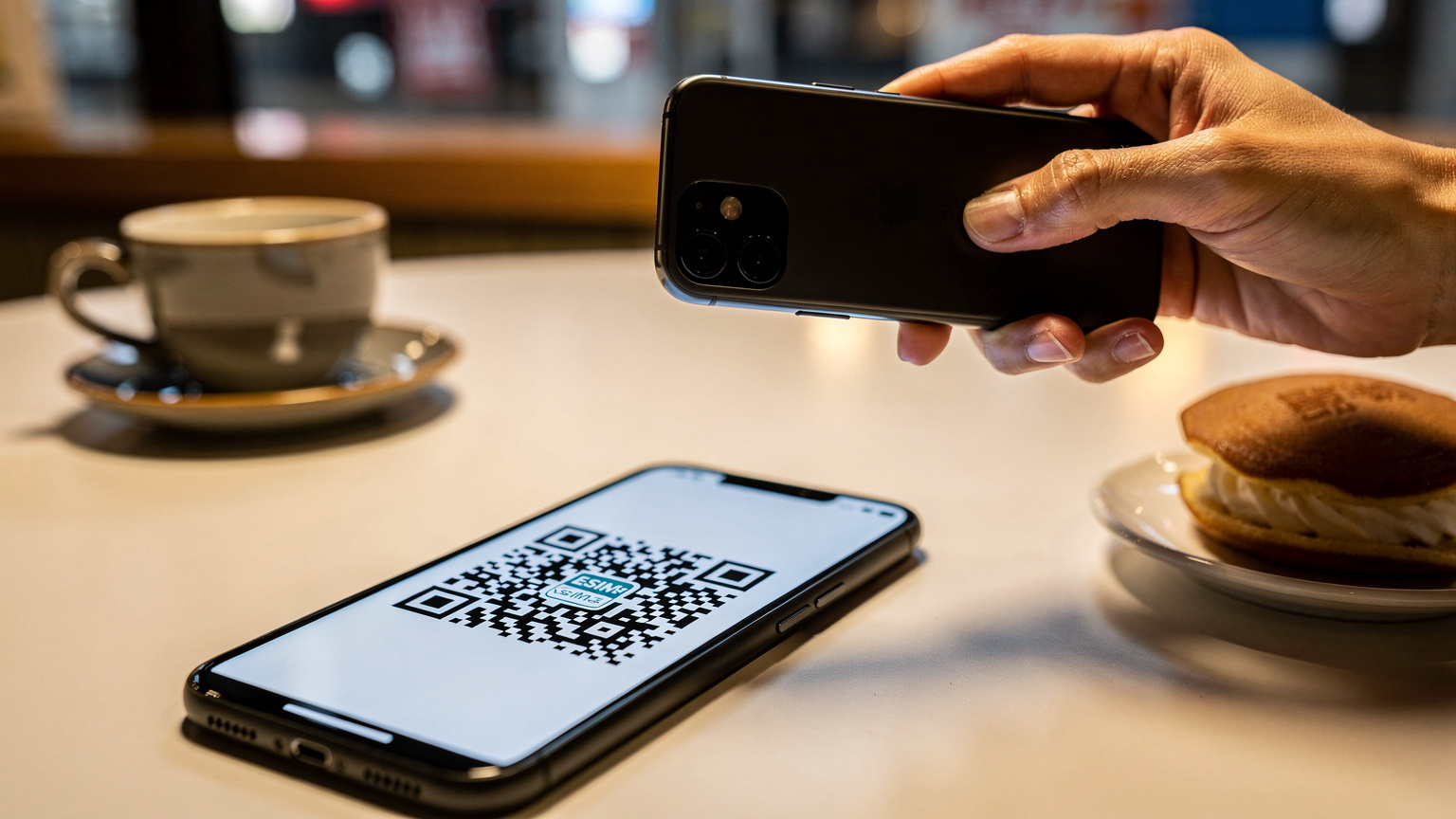 カフェで、スマートフォンの画面にeSIM設定のQRコードが表示されており、別の指がそれをスキャンしようとしているクローズアップ。