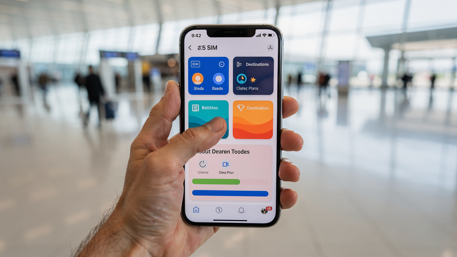 Un écran de smartphone affichant une application de gestion d'eSIM, avec différentes options de forfaits et de destinations. La main de l'utilisateur navigue sur l'interface dans un terminal d'aéroport moderne et lumineux.