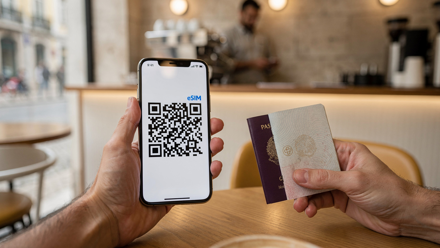 Une main tenant un smartphone sur l'écran duquel s'affiche un QR code, tandis qu'une autre main, avec un passeport, est prête à scanner. L'action se déroule dans un café branché de Lisbonne.