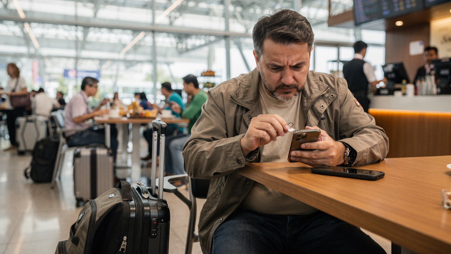 Un homme, l'air un peu perdu, tente d'insérer une carte SIM dans son téléphone à l'aide d'un trombone, assis à une table en bois dans un café bondé d'un aéroport asiatique. Ses bagages sont à ses pieds.