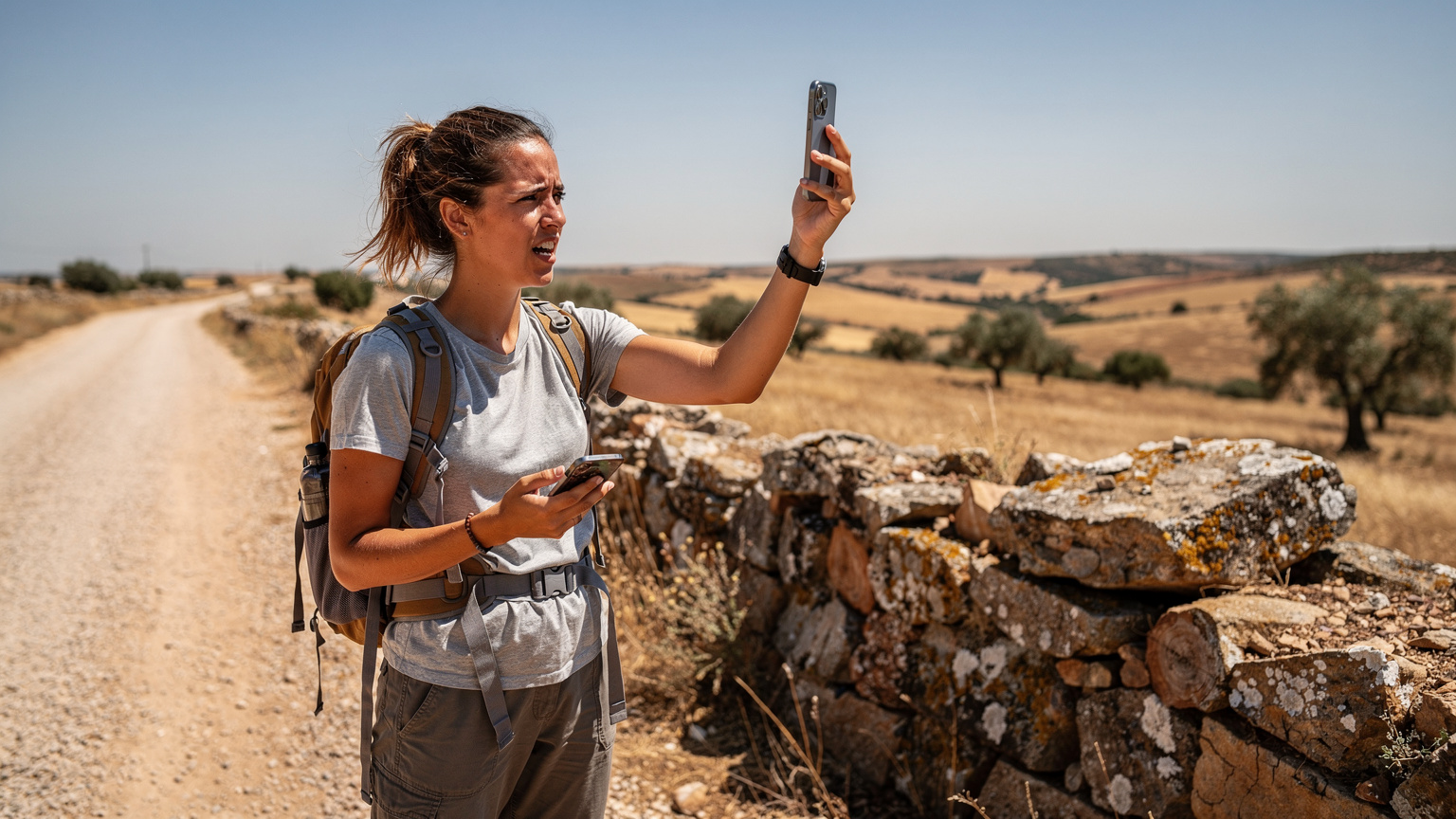 Uma viajante, com um iPhone na mão, tenta desesperadamente obter sinal em uma área rural do interior de Portugal, com a paisagem árida do Alentejo ao fundo e o sol forte da tarde.