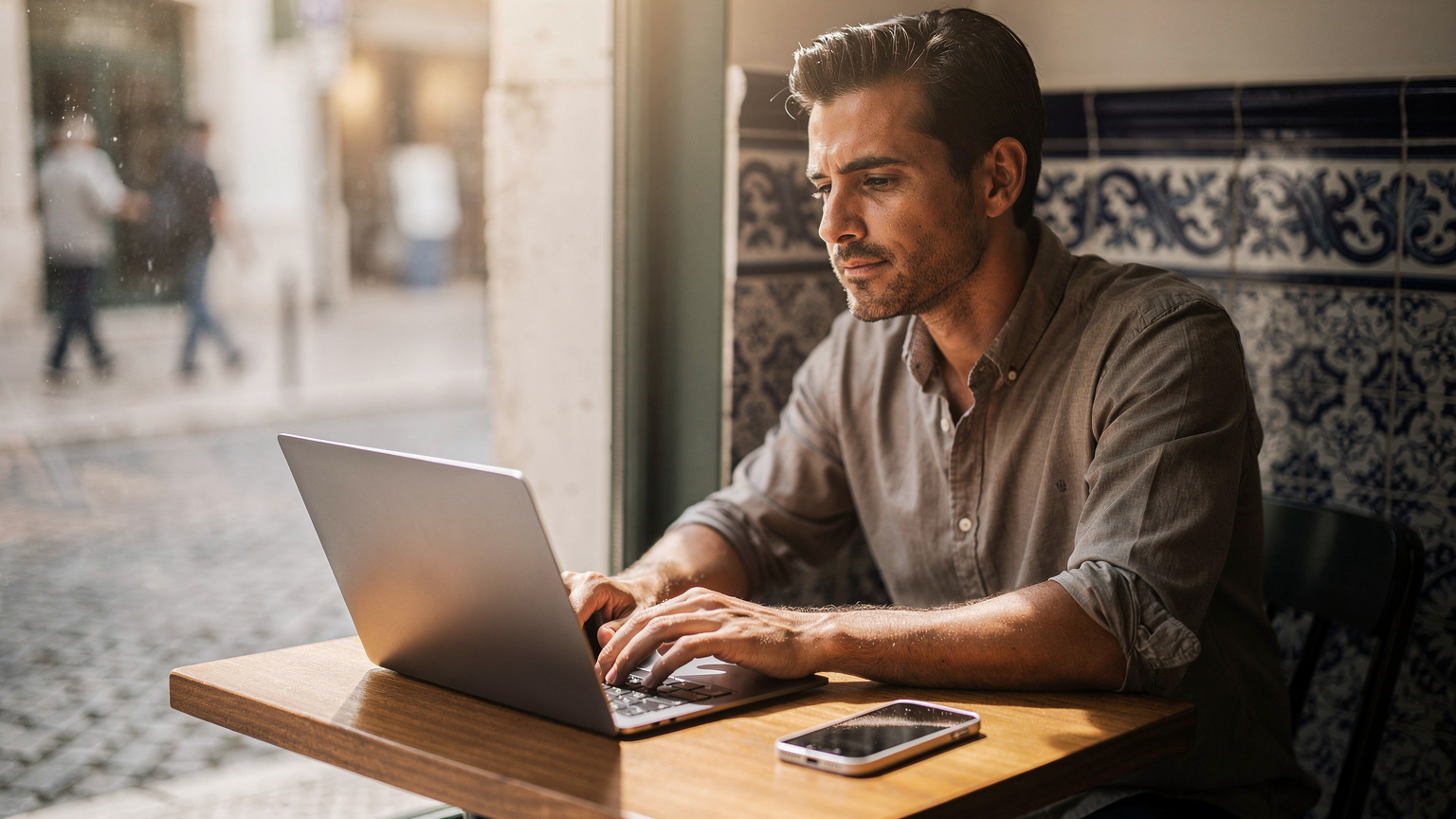 Um nômade digital em um café em Lisboa, com seu notebook aberto e um iPhone 18 ao lado, trabalhando intensamente, com a luz suave da manhã entrando pela janela.