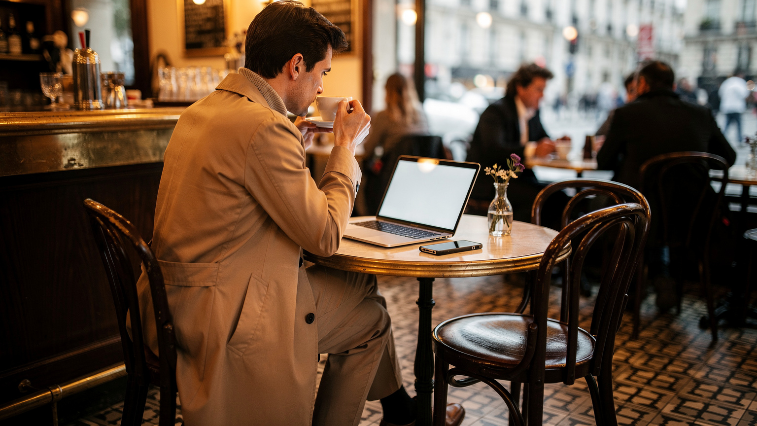 Un café parisien typique avec une personne travaillant sur son ordinateur portable, un iPhone à côté, symbolisant la connectivité sans faille grâce à l'eSIM même en déplacement.