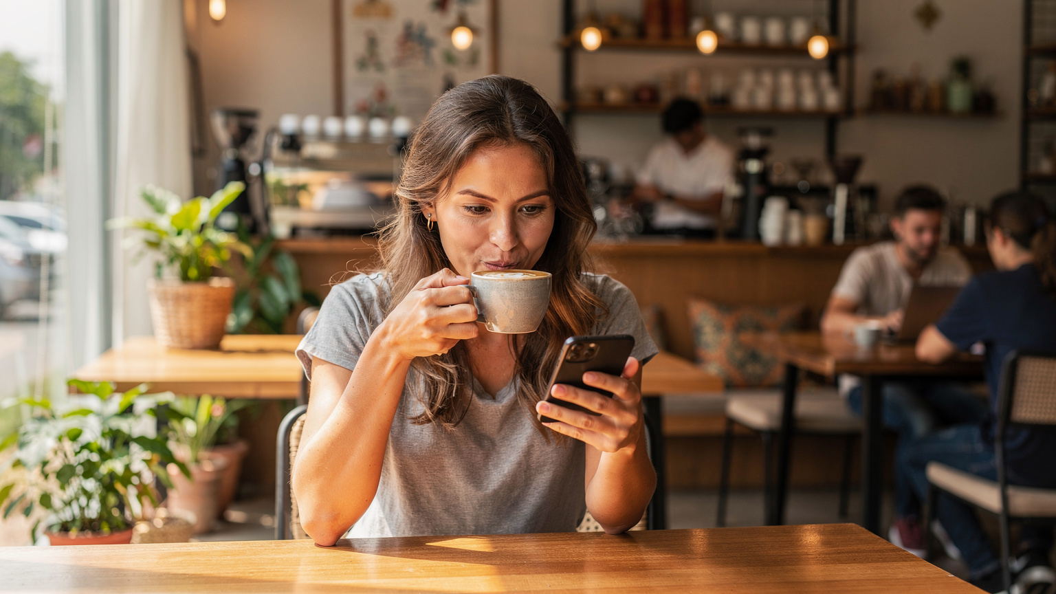 Une nomade numérique utilise son iPhone dans un café animé du quartier de Nimman Haemin à Chiang Mai, en Thaïlande, profitant d'une connexion eSIM stable.