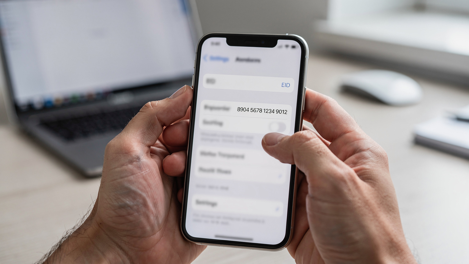 Des mains tenant un iPhone, l'écran affichant la section 'Informations' dans les réglages, avec le numéro EID clairement visible, confirmant la compatibilité eSIM.
