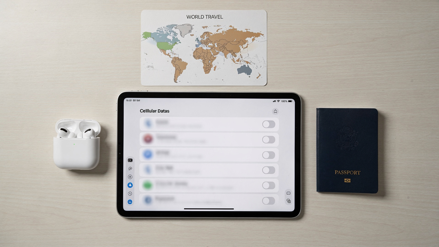 Un iPad affichant l'écran des réglages de données cellulaires, avec plusieurs profils eSIM listés, tandis qu'une carte du monde stylisée en arrière-plan suggère la connectivité mondiale.