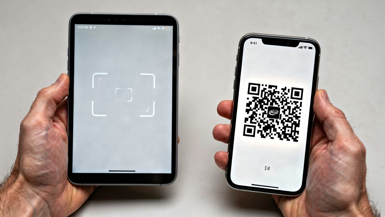 Un gros plan sur des mains utilisant un iPad pour scanner un QR code d'eSIM affiché sur l'écran d'un smartphone, avec des doigts pointant les options de réglage.