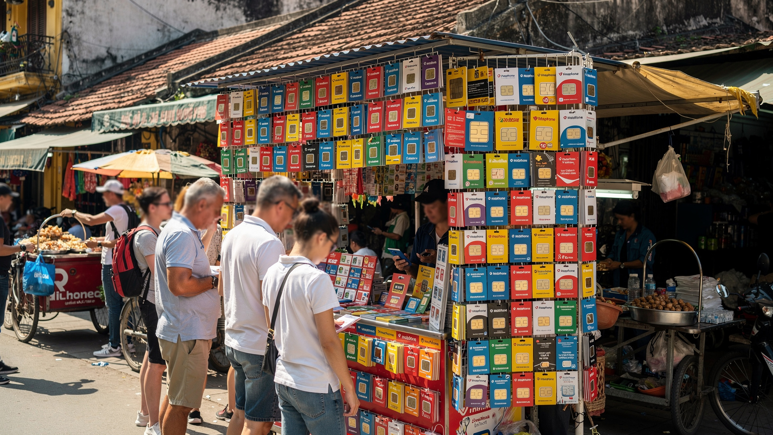 Un stand de cartes SIM locales coloré dans un marché animé de Hanoï, avec des paquets de cartes prépayées affichant des logos d'opérateurs vietnamiens, et des touristes examinant les offres.