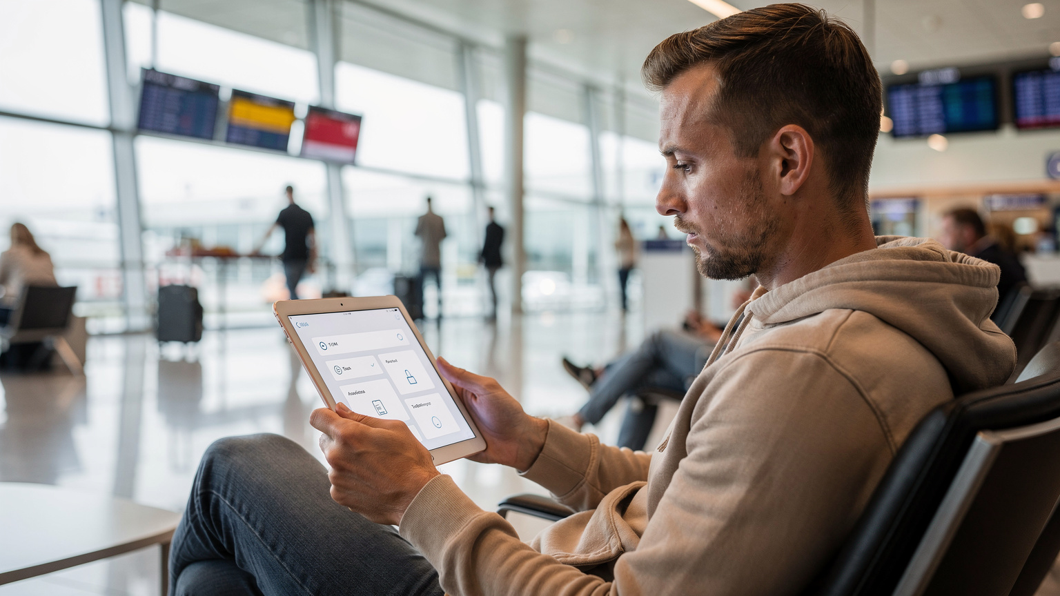 Un voyageur vérifiant les réglages de son iPad pour la compatibilité eSIM, assis dans le hall d'un aéroport animé, avec des écrans d'information sur les vols en arrière-plan.