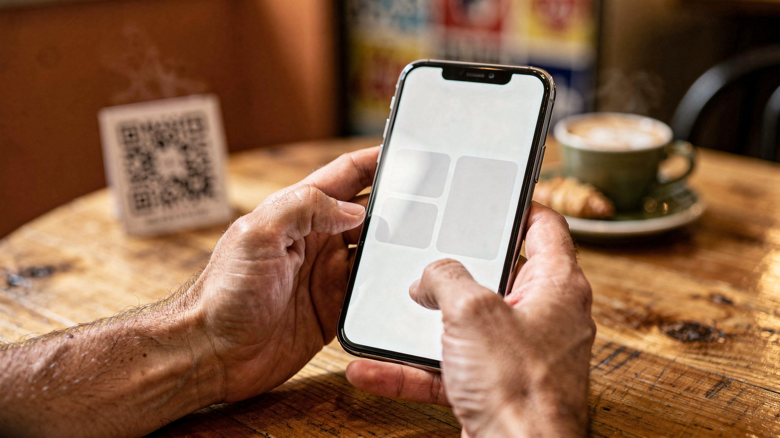 Unas manos sostienen un smartphone mostrando la pantalla de configuración de eSIM, con un código QR borroso en segundo plano sobre una mesa de madera de un café.