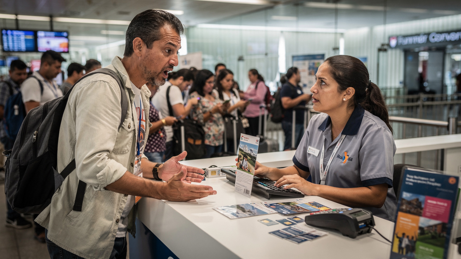 Un turista frustrado en el mostrador de un operador móvil en el Aeropuerto Internacional Jorge Chávez en Lima, Perú, intentando comunicar sus necesidades de datos, con una cola detrás de él.