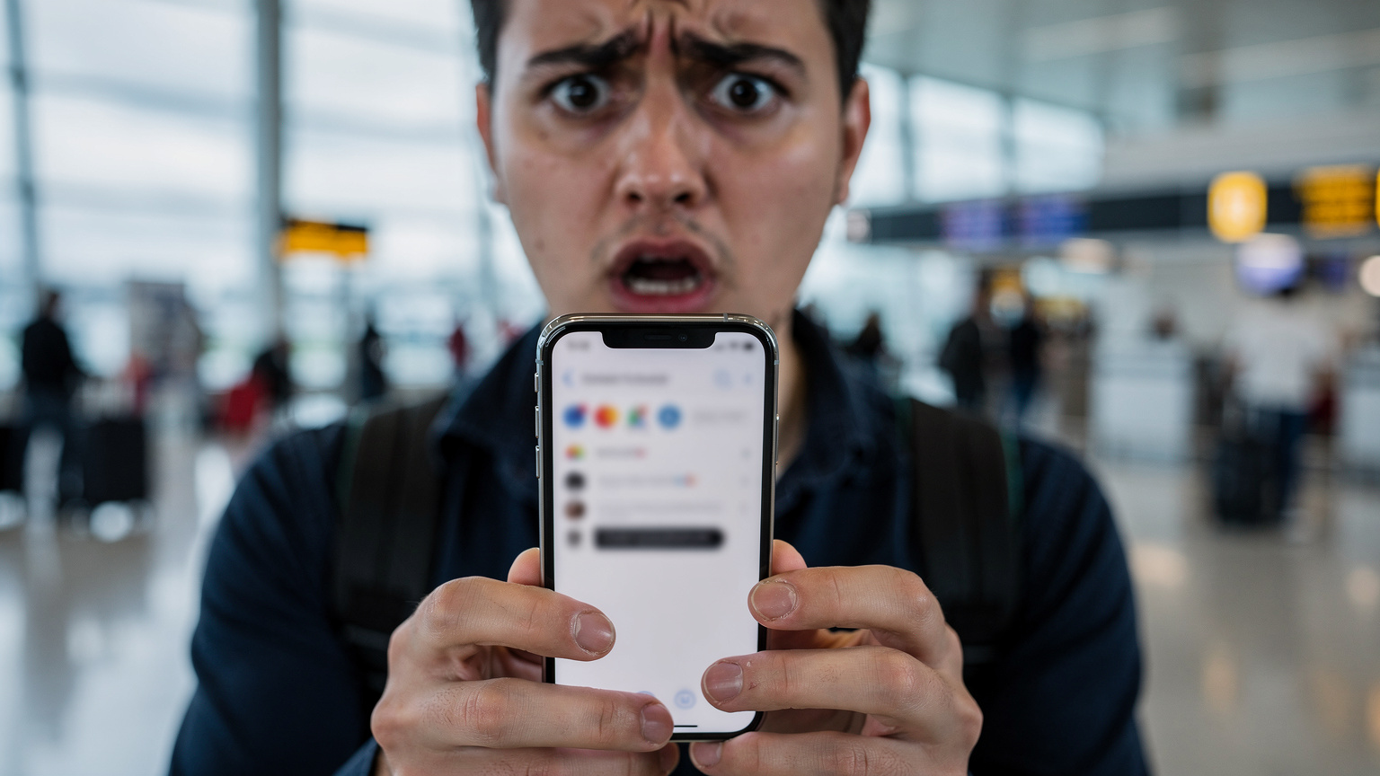 Primer plano de una persona mirando con preocupación la pantalla de su teléfono, que muestra un mensaje de 'Sin servicio' o 'Roaming costoso', con un fondo borroso de un aeropuerto.