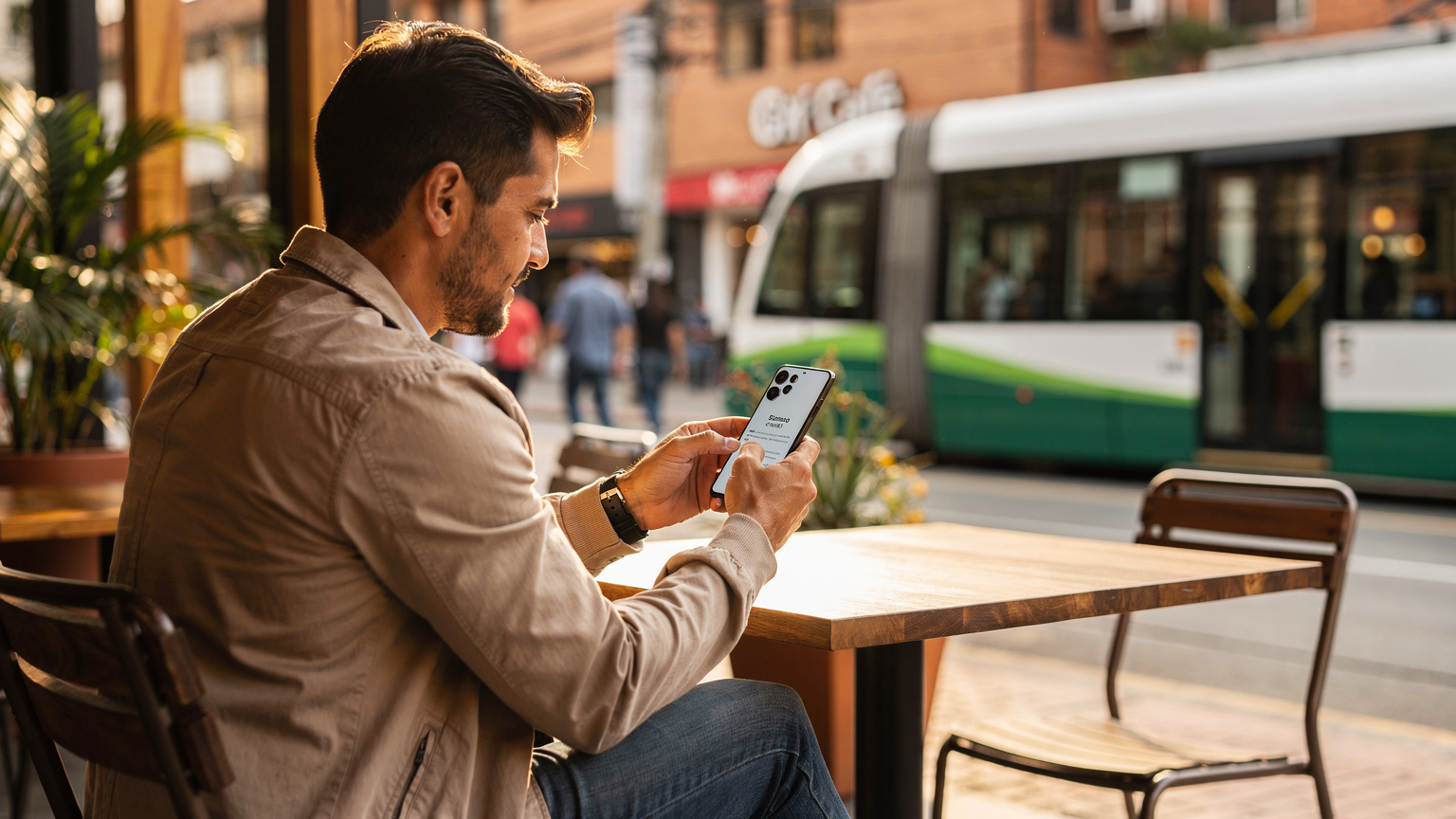 Un viajero revisa los detalles de su eSIM en un teléfono Samsung Galaxy mientras disfruta de un café en el Poblado de Medellín, con un tranvía pasando por detrás.