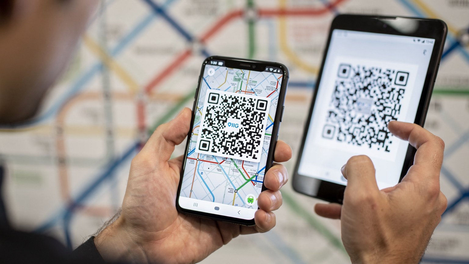 Manos de una persona escaneando un código QR desde otro teléfono para activar una eSIM, con un fondo abstracto de un mapa de metro en un dispositivo cercano.