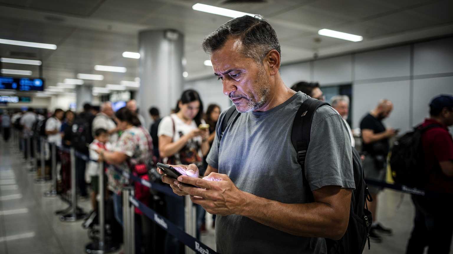 Un viajero con expresión de frustración en una larga fila de inmigración en el Aeropuerto Internacional de Ciudad de México, su teléfono en la mano, con otros viajeros relajados usando sus móviles a su alrededor.
