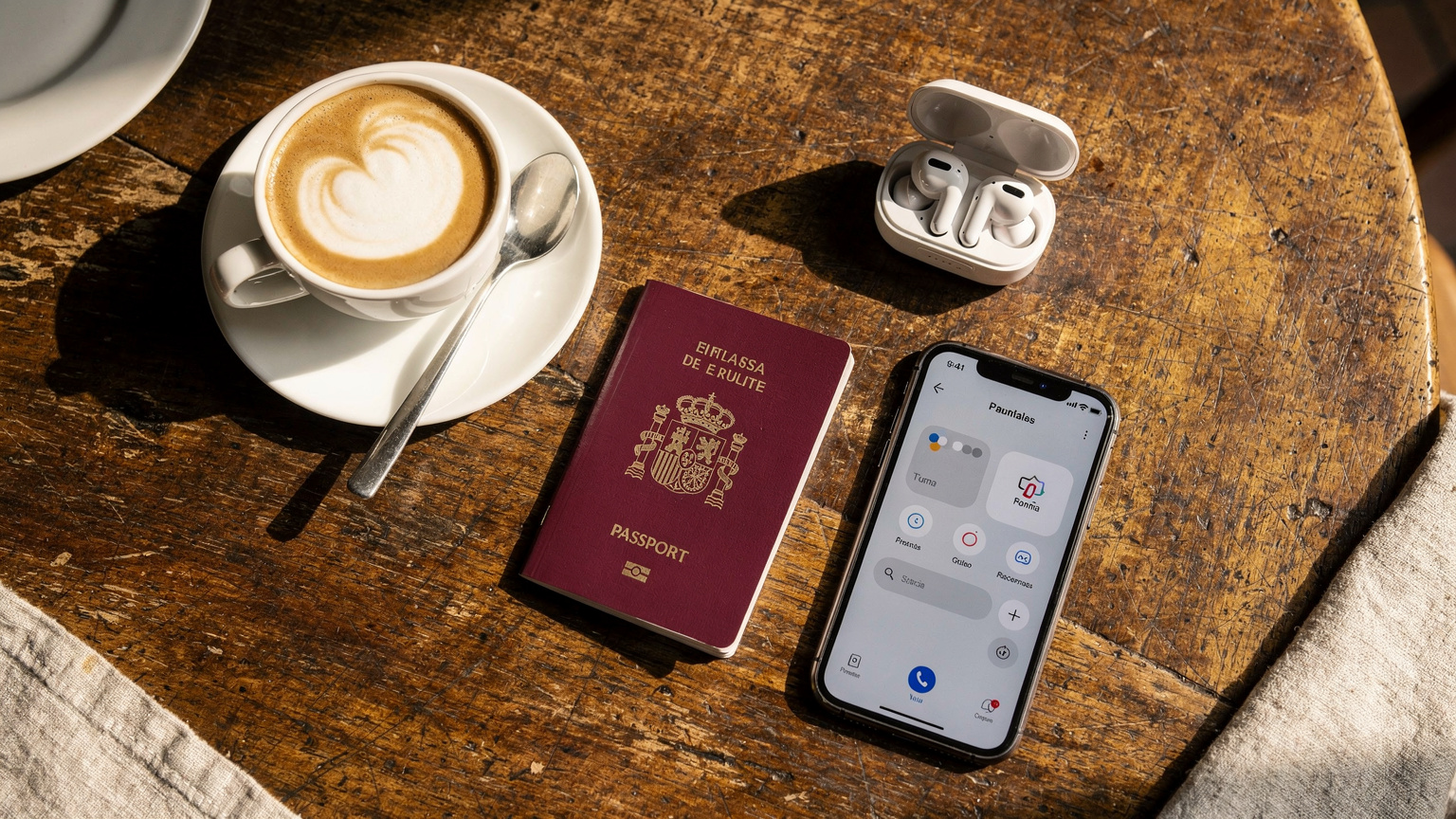 Una vista de mesa editorial con un pasaporte español, un teléfono móvil que muestra la pantalla de configuración de red, unos auriculares y una taza de café en una cafetería de Barcelona.
