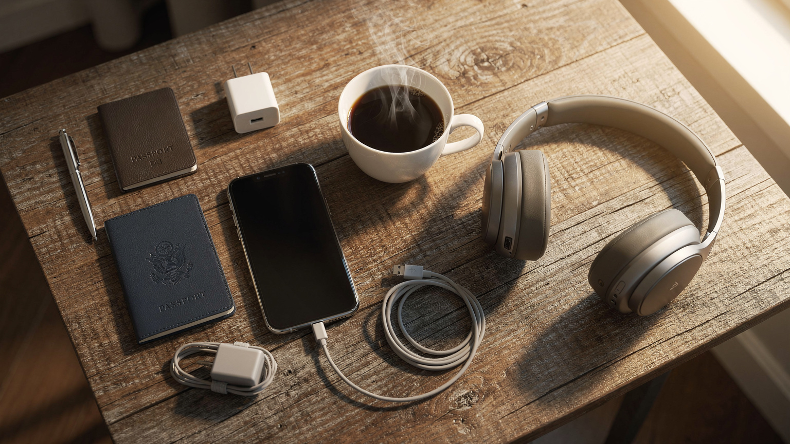 Un iPhone y un pasaporte sobre una mesa de madera con un café y unos auriculares, simulando una preparación de viaje para un nómada digital. La escena tiene una luz de ventana cálida.