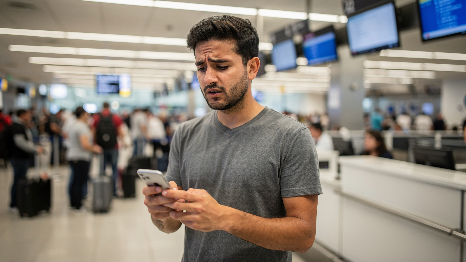 Un viajero con su iPhone en la mano, un poco frustrado, intentando entender la compatibilidad de eSIM en un aeropuerto internacional de América Latina, con el telón de fondo de un mostrador de facturación.