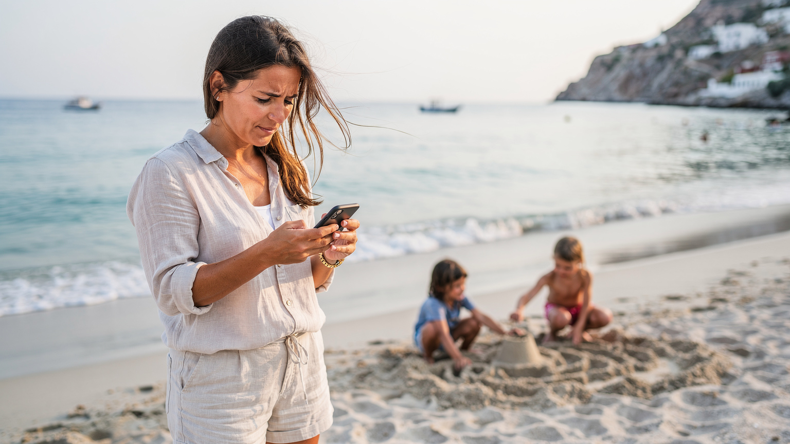 En mor tjekker sin telefon for færgeafgange, mens hendes børn leger på en sandstrand i Grækenland, hvilket illustrerer behovet for stabil forbindelse selv på ferien.