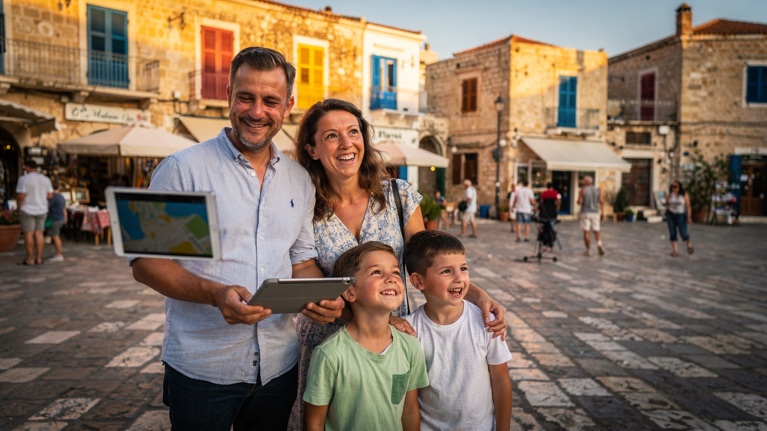 En familie på et græsk torv, hvor faren holder en tablet, der viser en offline kortapp, mens de kigger på en gadeartist. Billedet symboliserer forberedelse og underholdning på rejsen.