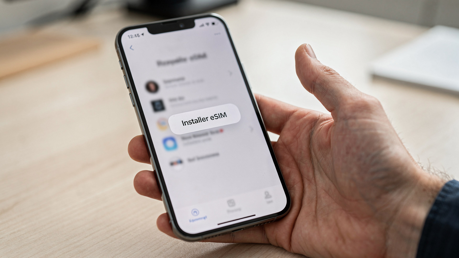 En tæt på-optagelse af en hånd, der holder en smartphone med et eSIM-installationsvindue åbent, mens en finger forsigtigt trykker på 'Installer eSIM'.