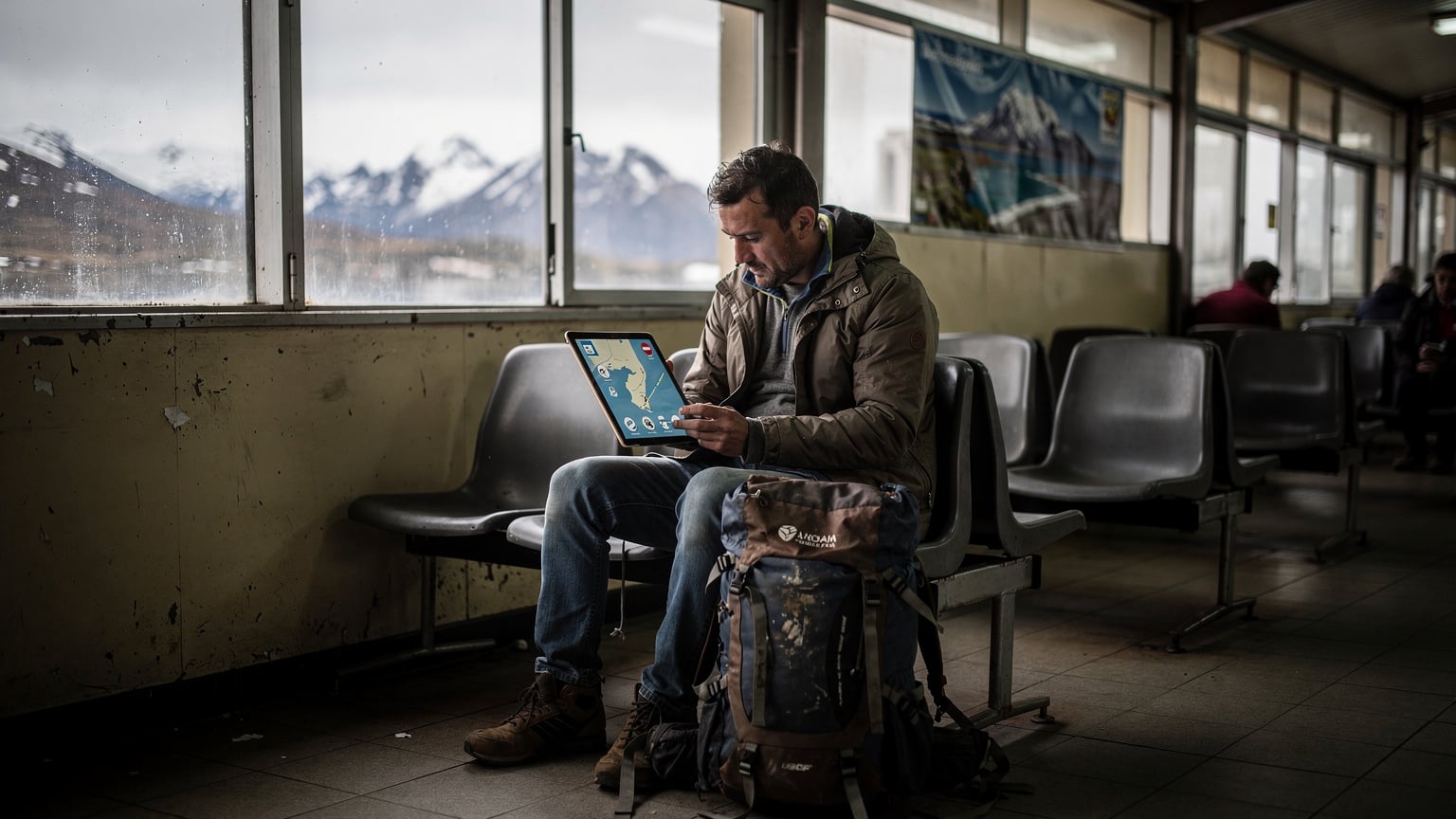 Un viajero con su iPad en modo de ahorro de batería y datos, consultando un mapa offline de Ushuaia, Argentina, mientras está sentado en la terminal de autobuses, con una mochila a sus pies.