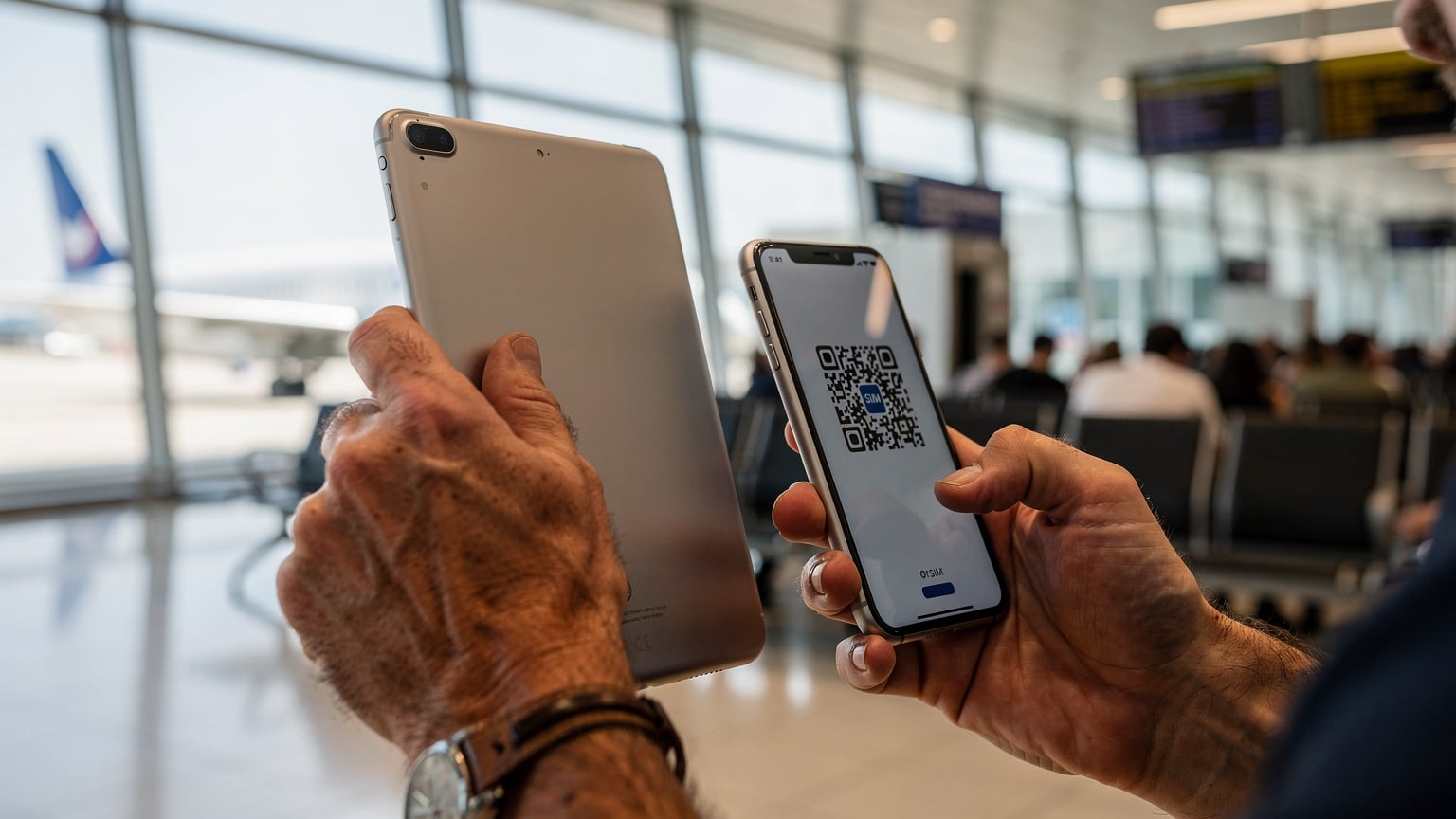 Manos de un viajero sosteniendo un iPad y un smartphone con un código QR, escaneando el código para activar un plan de datos eSIM mientras espera en la zona de embarque de un aeropuerto de bajo coste en Málaga, España.