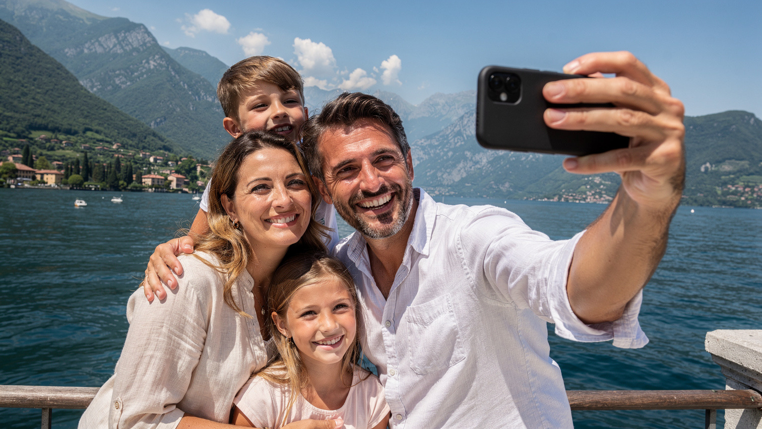 Una famiglia felice si scatta un selfie con lo smartphone in mano, sullo sfondo di un lago e delle montagne, godendosi la connettività durante una gita in famiglia.