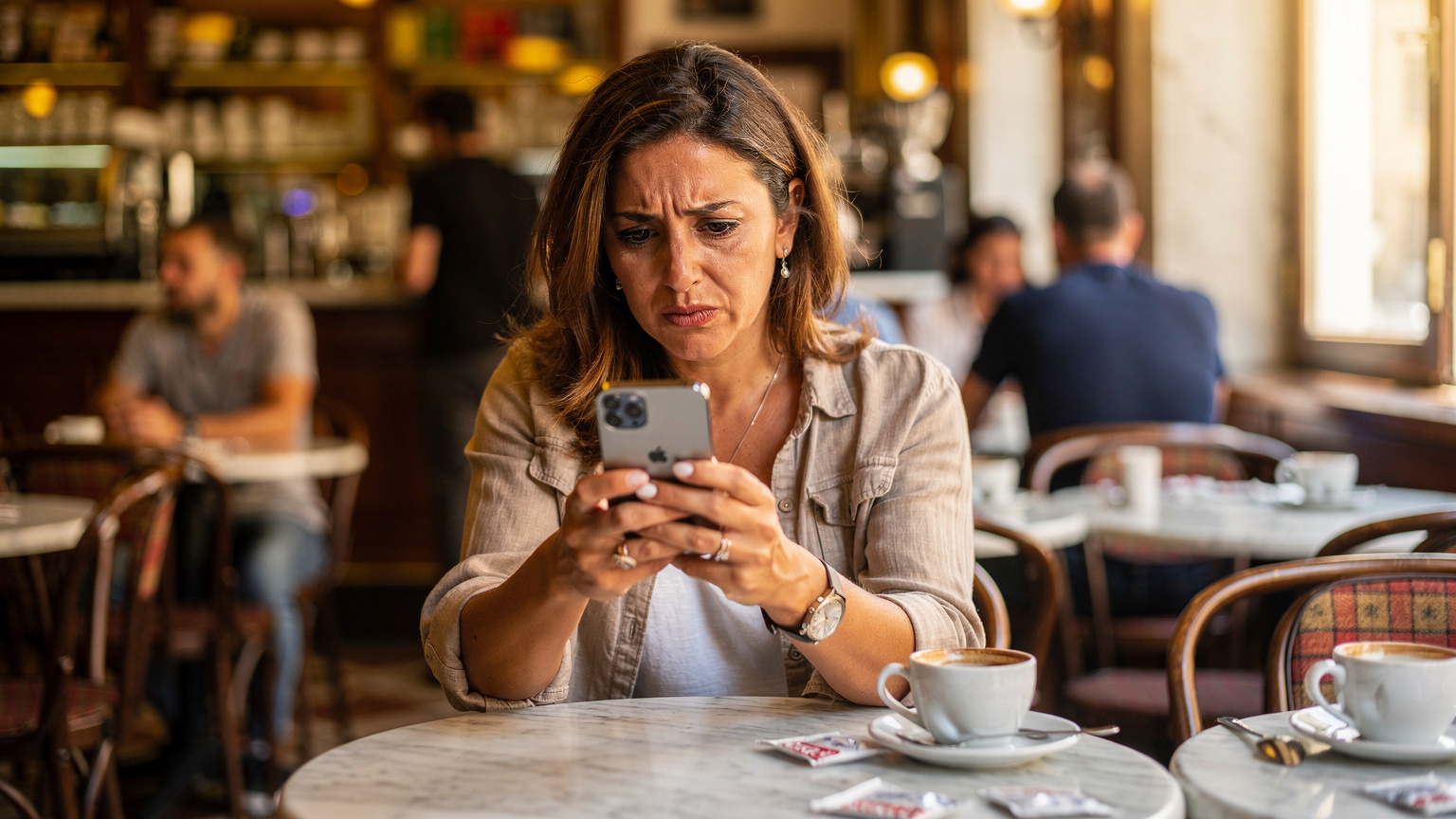 Una donna con un'espressione preoccupata guarda lo schermo del suo iPhone, seduta in una caffetteria affollata di Roma, suggerendo un problema di connessione durante un viaggio.