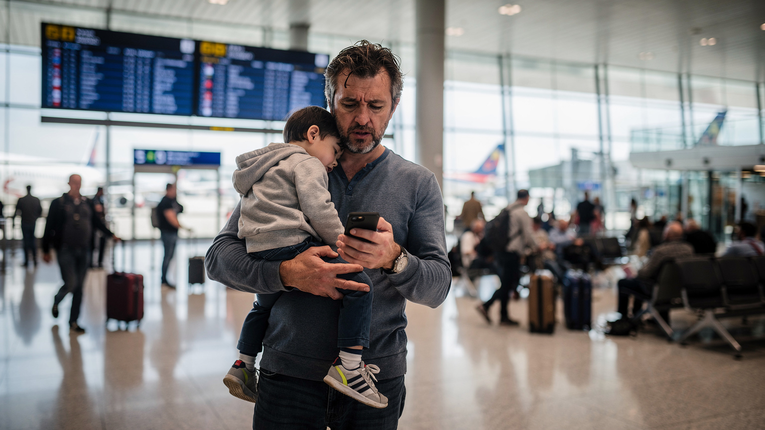 Un genitore stanco ma determinato con un bambino addormentato in braccio, consulta il suo telefono per un problema di connessione in un affollato terminal dell'aeroporto di Fiumicino, con i tabelloni delle partenze sullo sfondo.