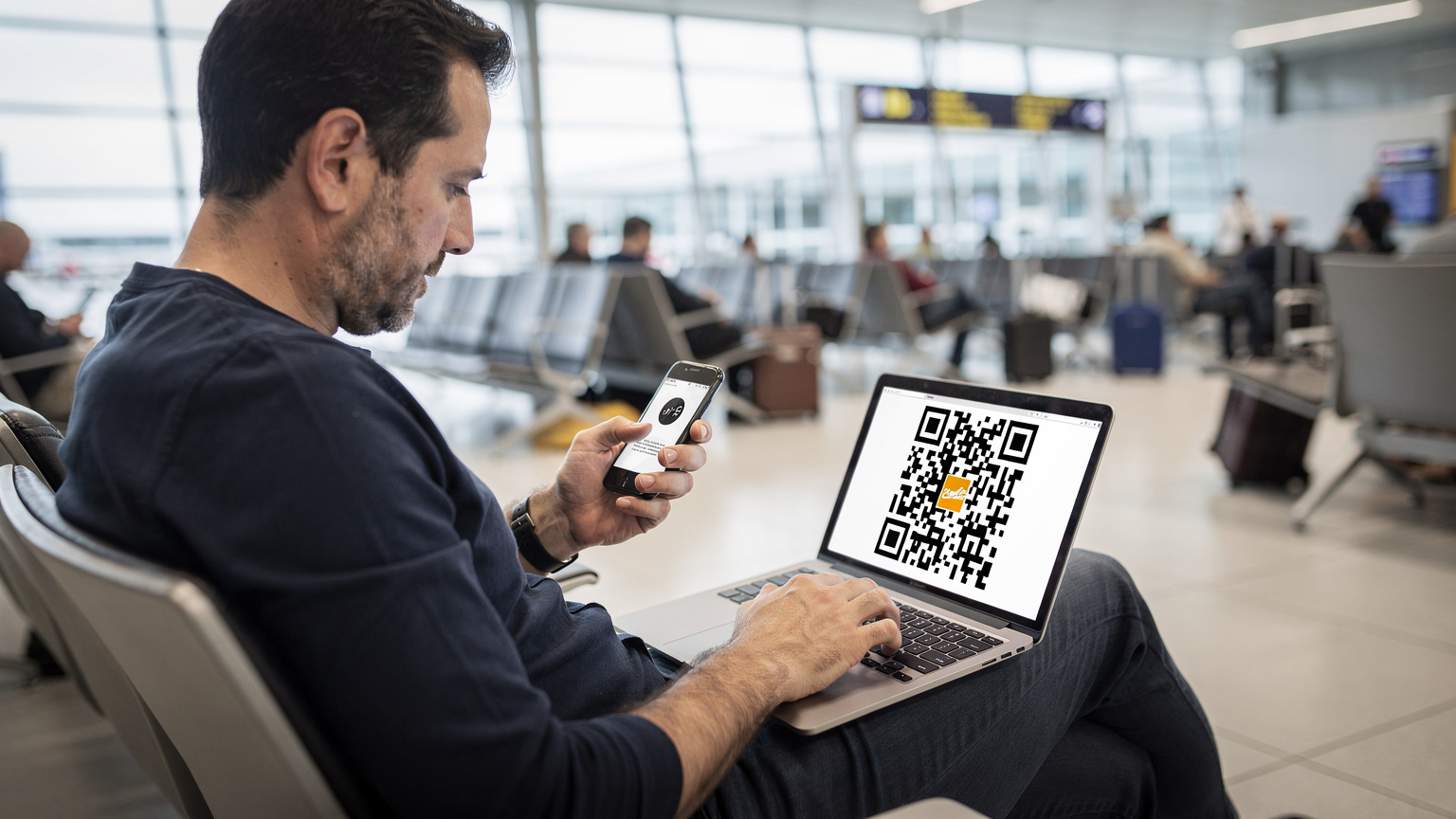 Un padre scansiona un QR code da un laptop per attivare una eSIM sul suo iPhone, seduto in una sala d'attesa dell'aeroporto, con i bagagli della famiglia nelle vicinanze.
