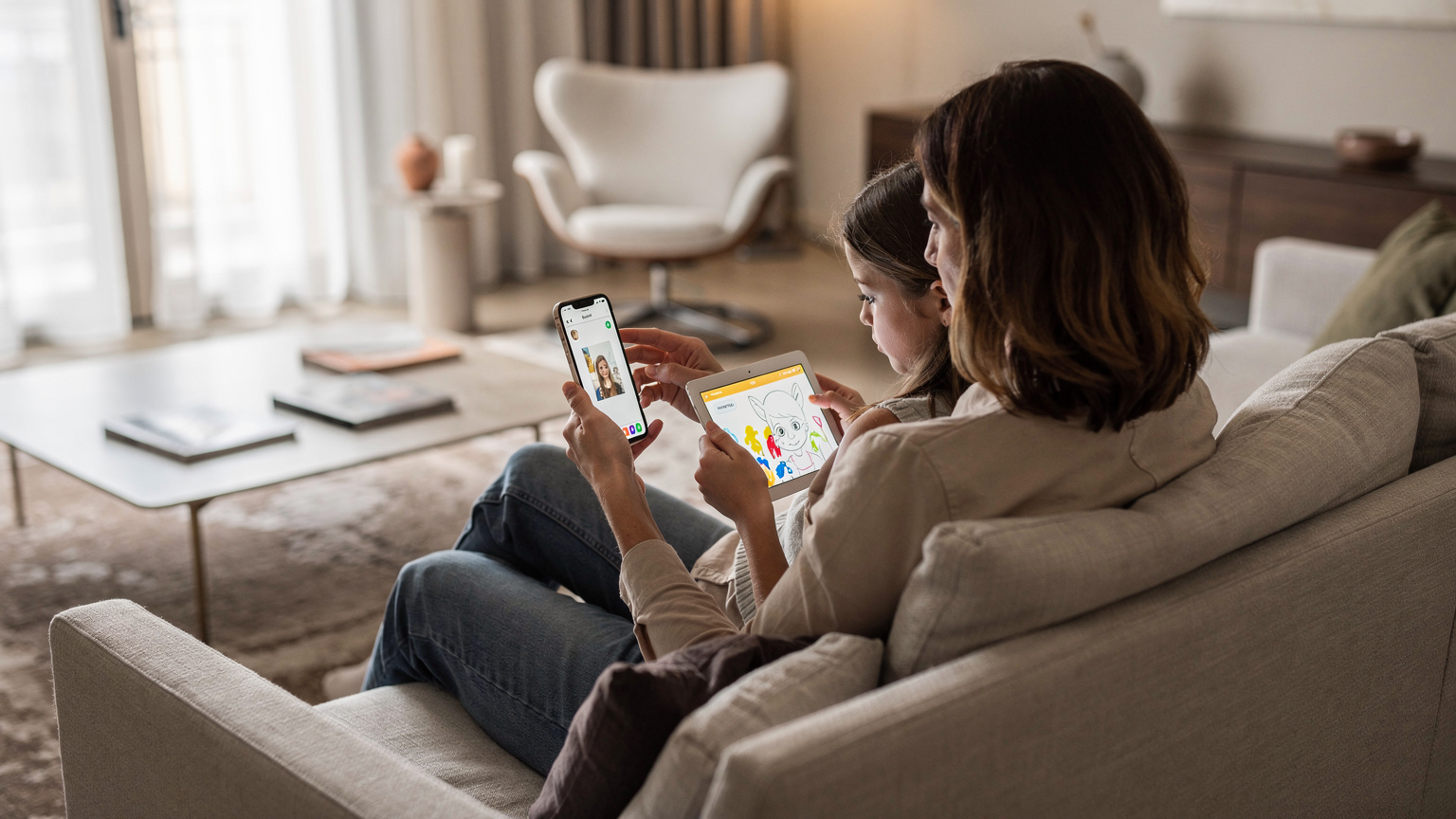 Un genitore usa l'iPhone per configurare i controlli parentali sull'iPad di sua figlia, entrambi seduti su un divano confortevole a casa, con un'atmosfera rilassata e moderna.