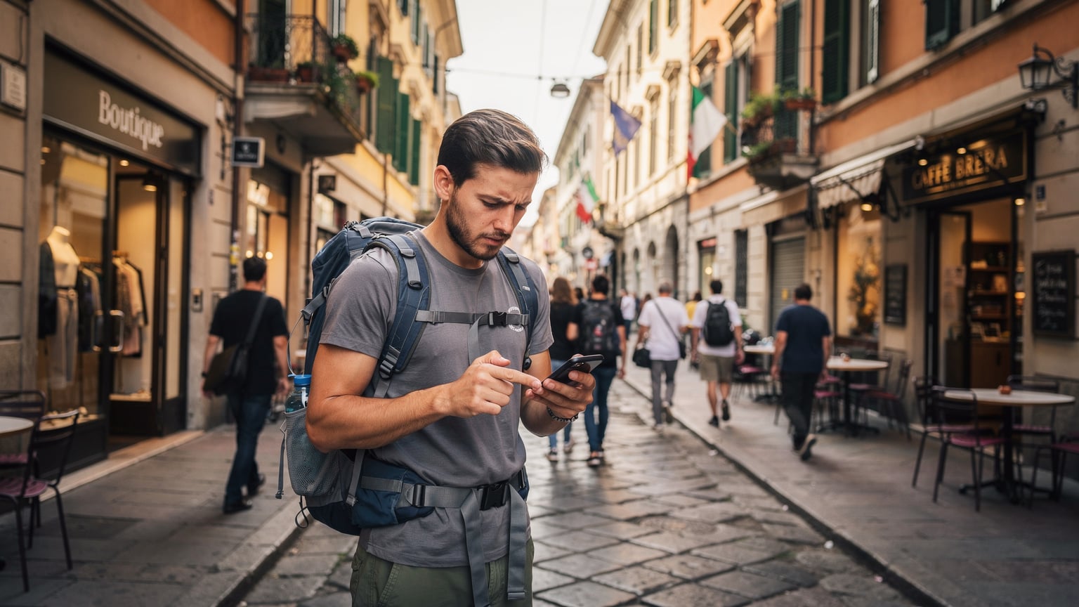 Cestovatel s batohem a mobilem v ruce bloudí po rušné nákupní ulici v Miláně a snaží se najít správný směr na mapě, zatímco kolem něj proudí davy lidí.