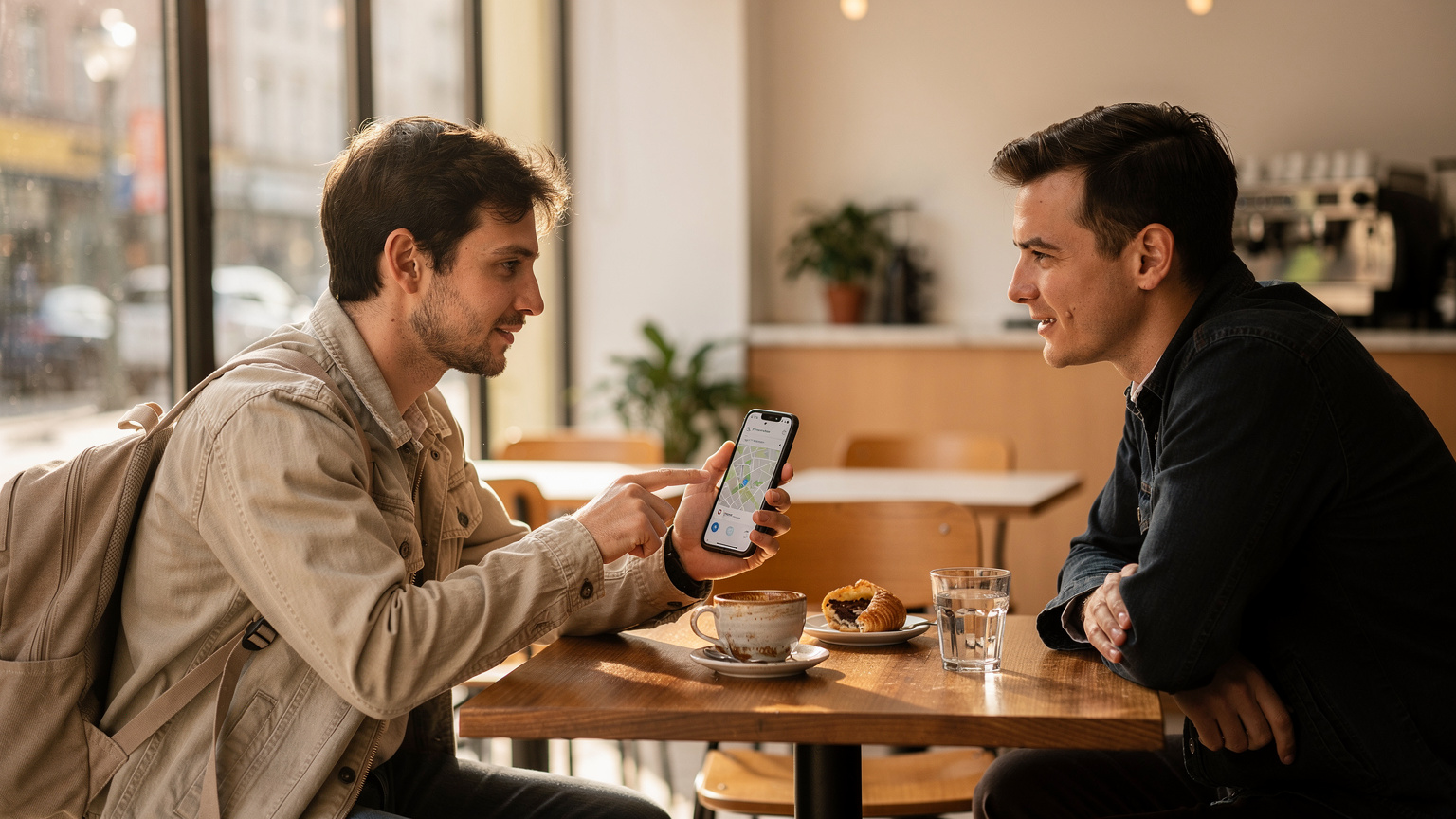 Un viaggiatore mostra un itinerario sullo smartphone a un amico in un caffè di Kreuzberg a Berlino.