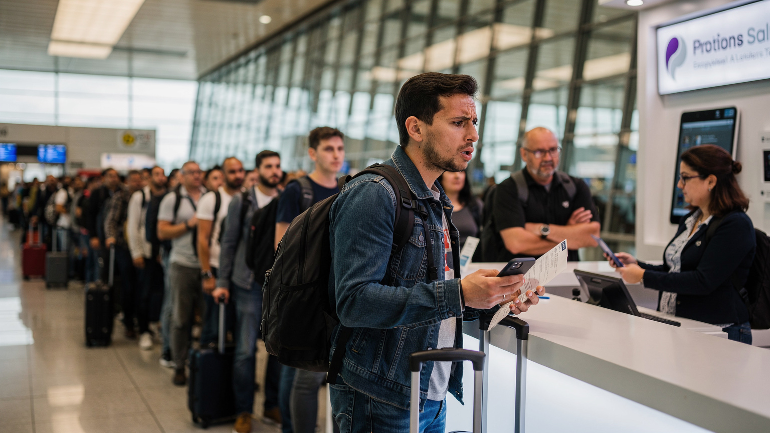 Un viaggiatore frustrato cerca di capire un'offerta telefonica in un negozio di un aeroporto affollato, con persone in coda che aspettano.