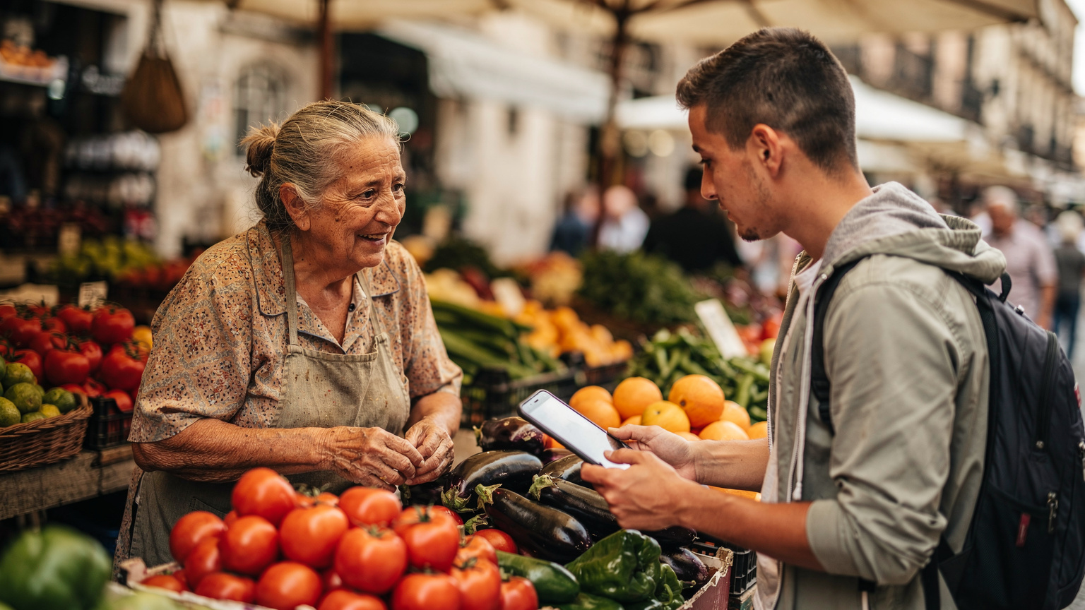 Una donna anziana del mercato di Palermo sorride mentre un turista le mostra una traduzione sul suo smartphone.