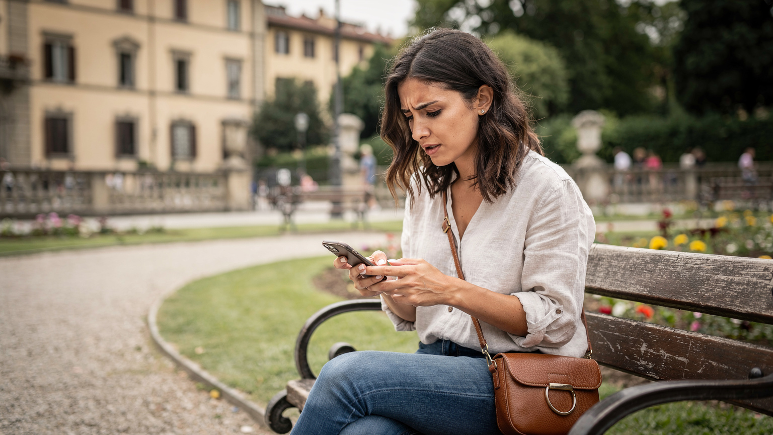 Una donna frustrata guarda il suo smartphone con un'espressione confusa, seduta su una panchina in un parco pubblico, simboleggiando un problema di connettività.