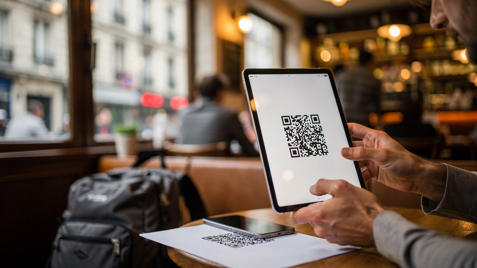 Un viaggiatore sta scansionando un codice QR per attivare la sua eSIM su un iPad, seduto in un caffè affollato nel quartiere di Montmartre a Parigi, con la sua borsa da viaggio accanto.
