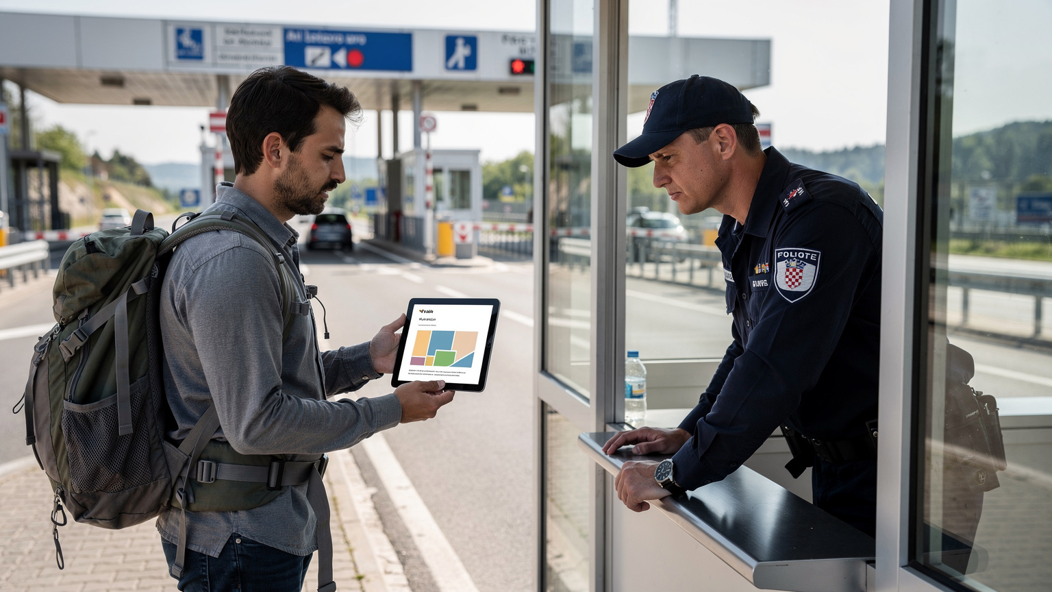 Un viaggiatore sta attraversando una frontiera terrestre tra due paesi europei (es. Slovenia-Croazia), mostrando il suo iPad a un agente di polizia di frontiera, in un contesto di transito pulito e moderno, come a un check-point.