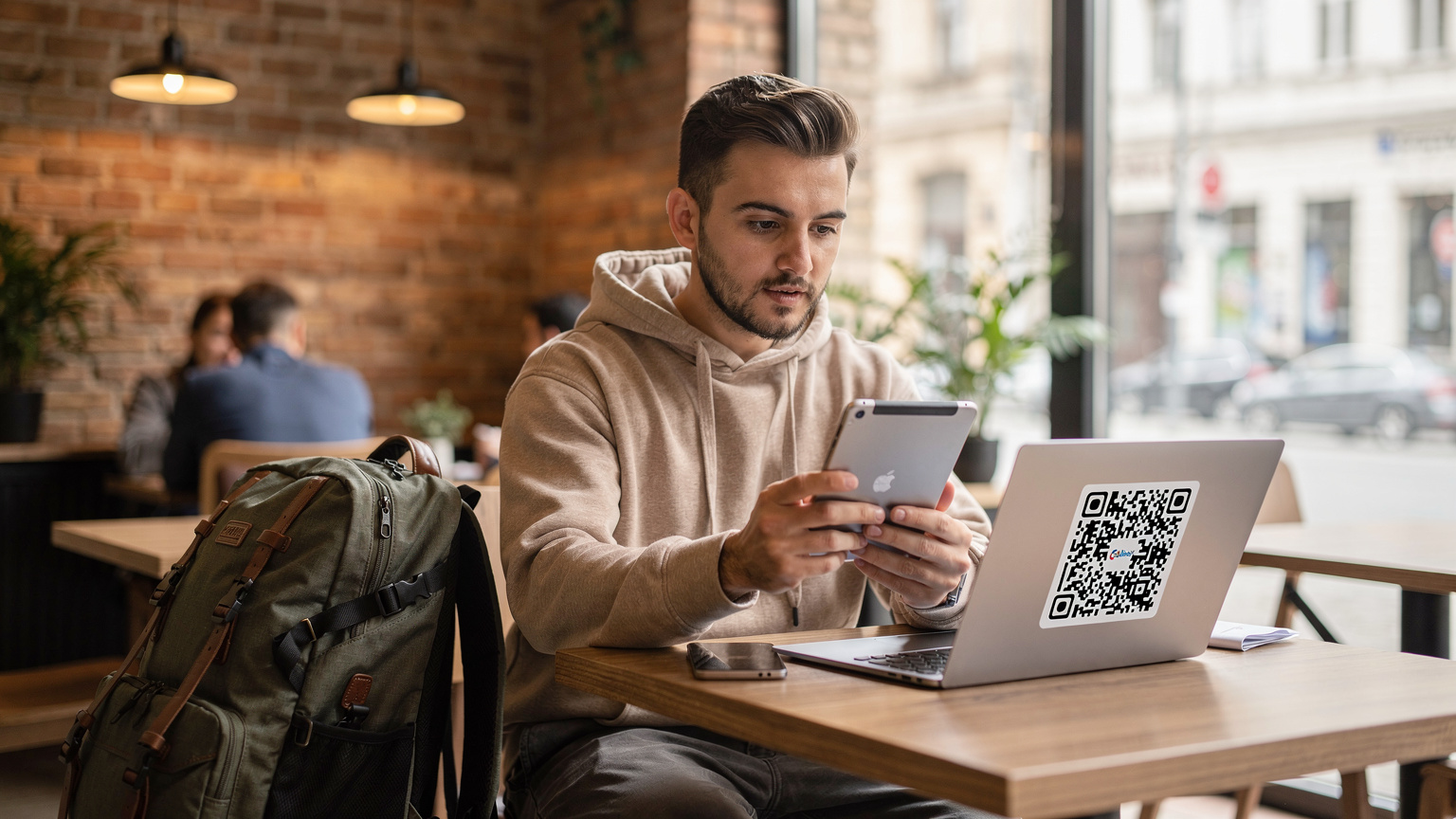Un călător, cu un rucsac și o tabletă în mână, scanează un cod QR de pe ecranul unui laptop, într-o cafenea modernă din zona Unirii, București, pregătindu-se pentru o nouă aventură.
