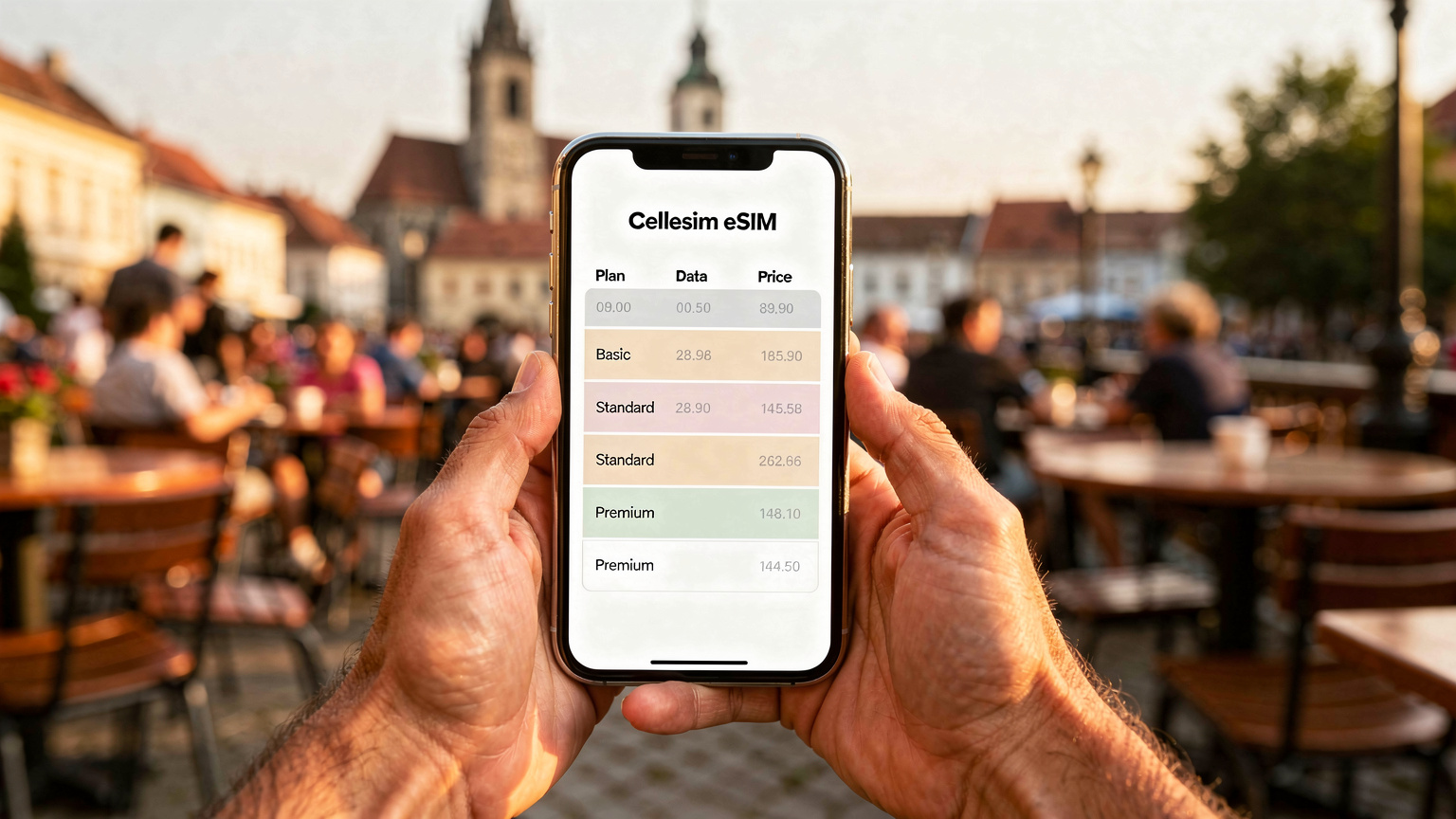 Un tabel comparativ cu planuri eSIM de la Cellesim este afișat pe ecranul unui iPhone, ținut în mâini, pe fundalul unei terase aglomerate din Piața Sfatului, Brașov, sugerând planificarea călătoriilor.
