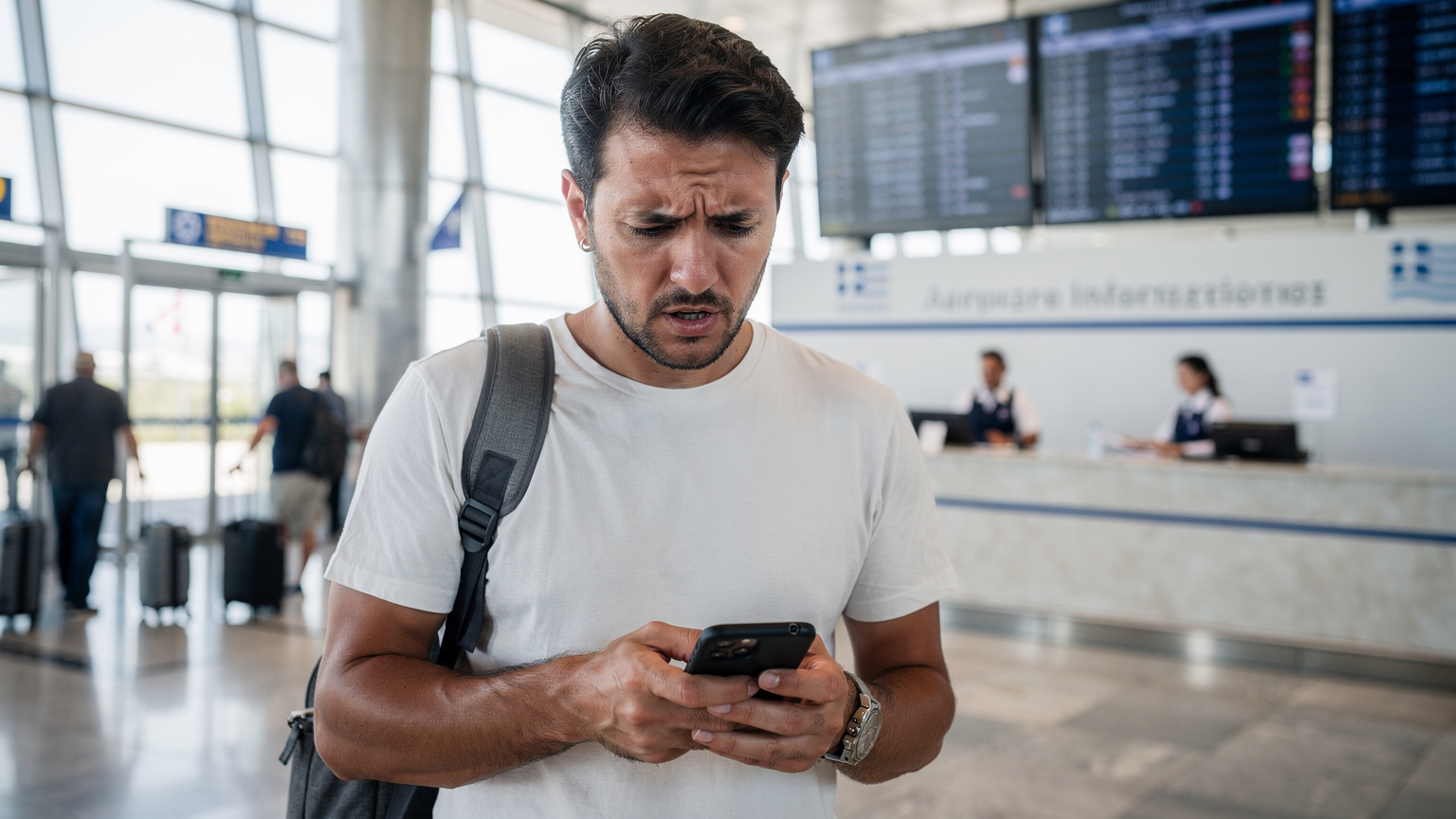 Un călător privește îngrijorat ecranul telefonului său, într-un birou de informații dintr-un aeroport aglomerat din Grecia, cu panouri de zbor digitale și oameni grăbiți în fundal.