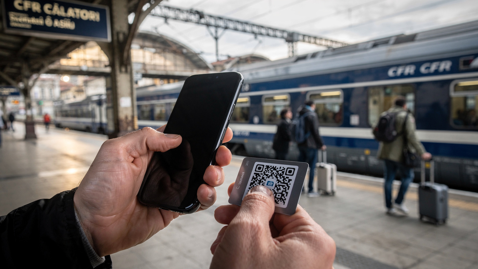 O persoană ține un smartphone în mână, scanând un cod QR pentru activarea unui eSIM, pe peronul aglomerat al unei gări din București, cu un tren CFR Călători în fundal.