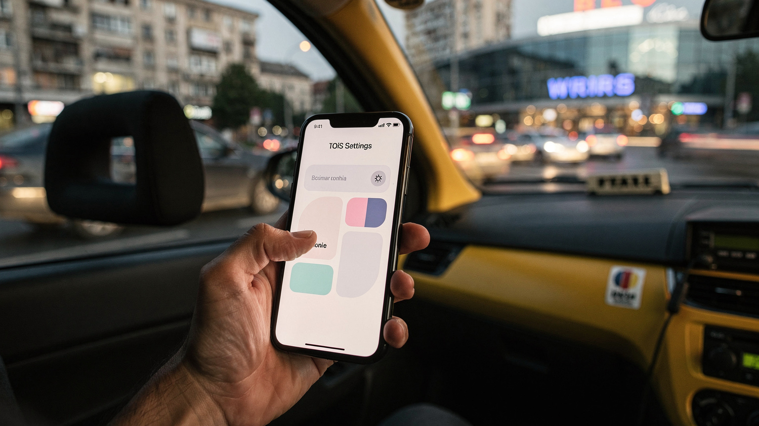 O mână ține un smartphone care afișează ecranul de setări pentru rețeaua celulară, cu opțiunea 'Adăugați plan celular' evidențiată, într-un taxi galben din București, cu traficul din Piața Unirii vizibil prin fereastră.