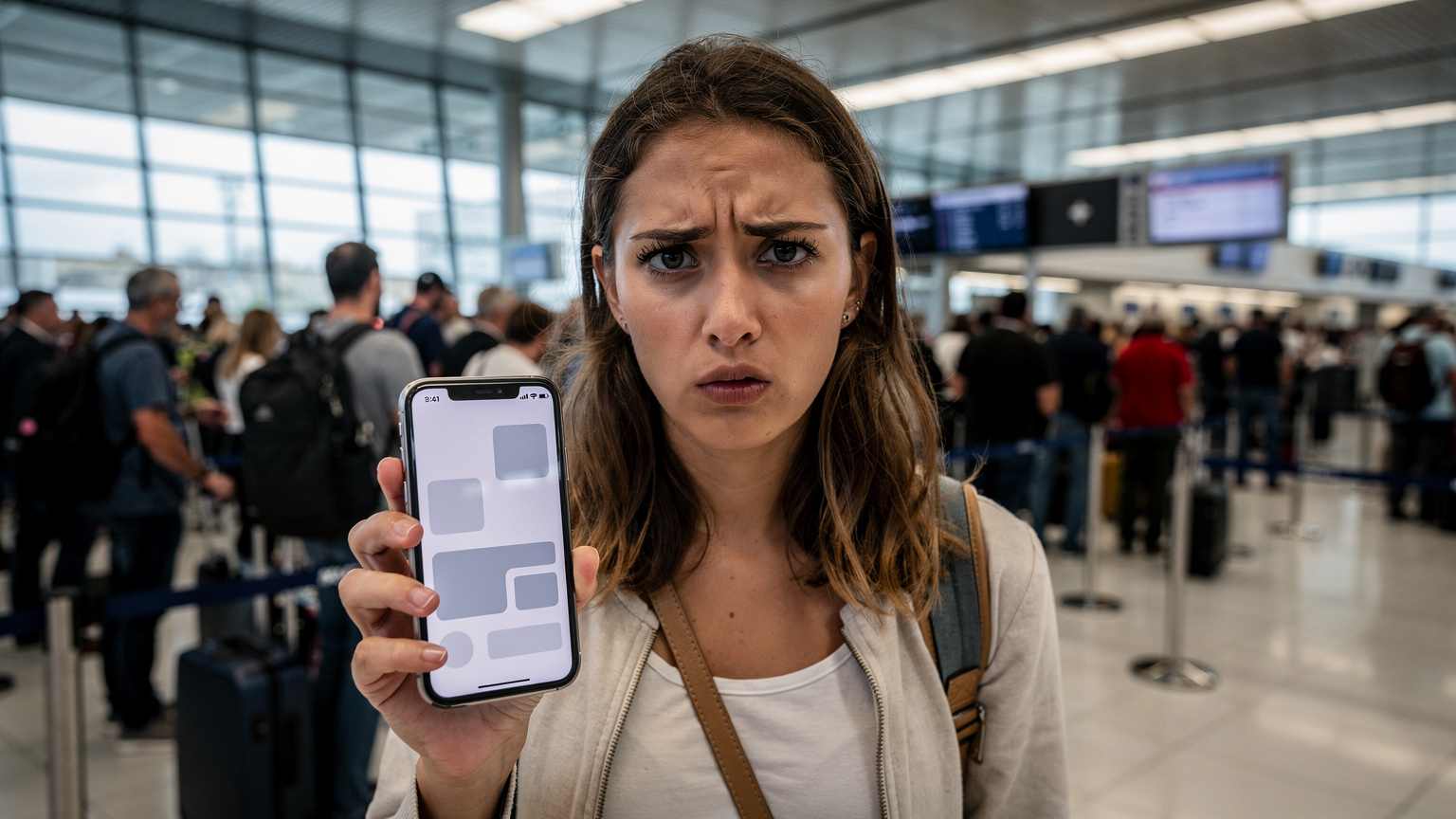 O tânără călătoare arată un ecran de eroare pe iPhone, vizibil frustrată, în timp ce așteaptă la coadă la un birou de informații într-un aeroport aglomerat din Atena, Grecia.