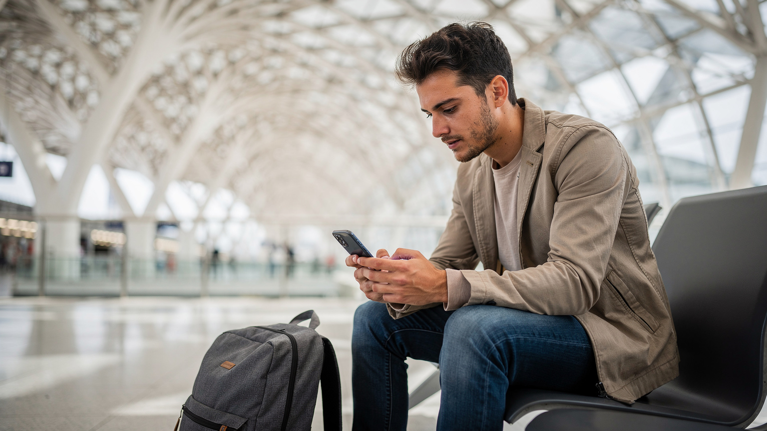Un călător, cu un rucsac de oraș la picioare, verifică setările APN pe un telefon Samsung Galaxy, așezat pe o bancă într-o gară modernă din Lisabona, Portugalia.