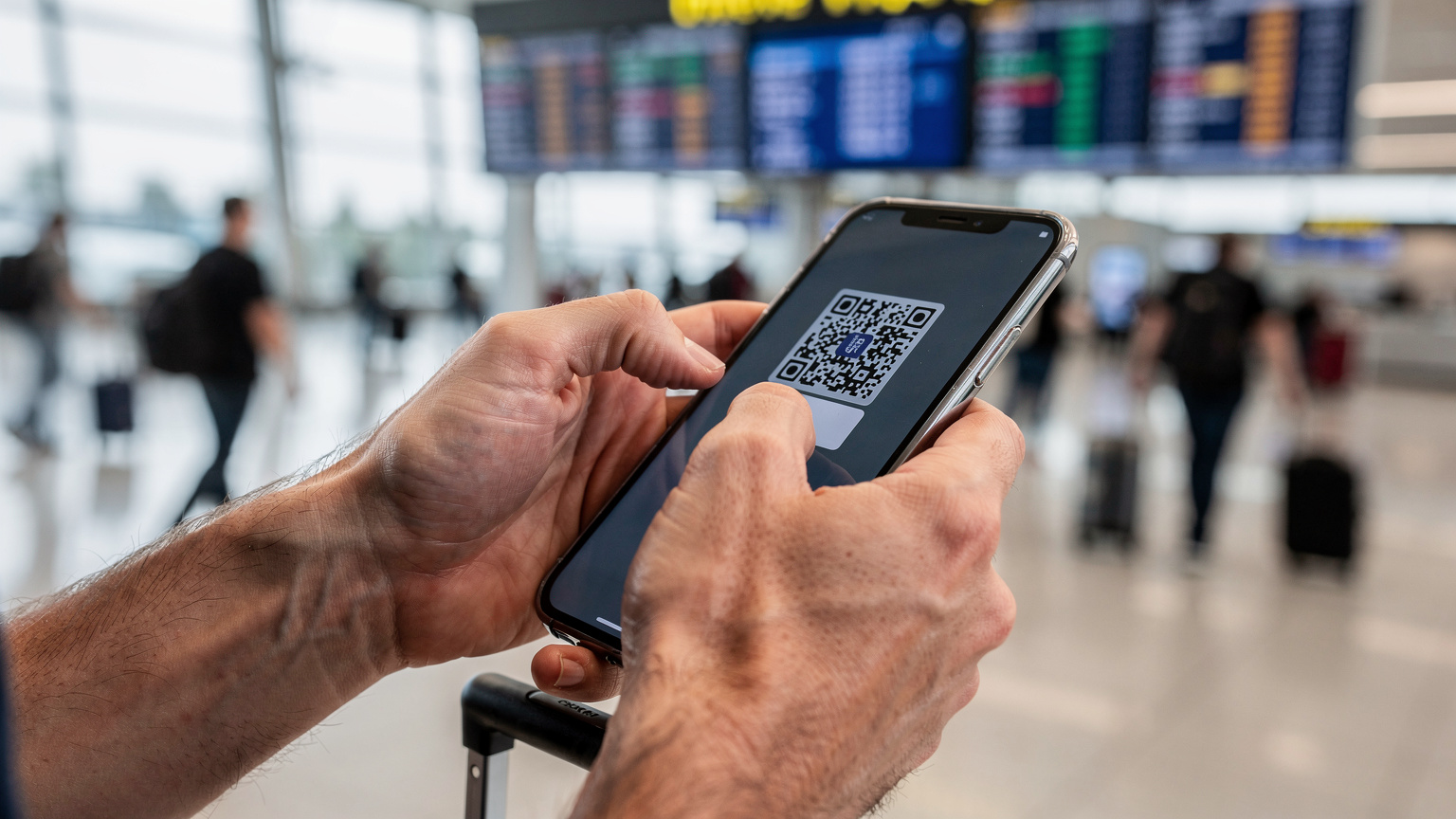 Mãos de uma pessoa tentando escanear um QR code de ativação de eSIM em um celular com dificuldade, em um ambiente de aeroporto movimentado e iluminado artificialmente.