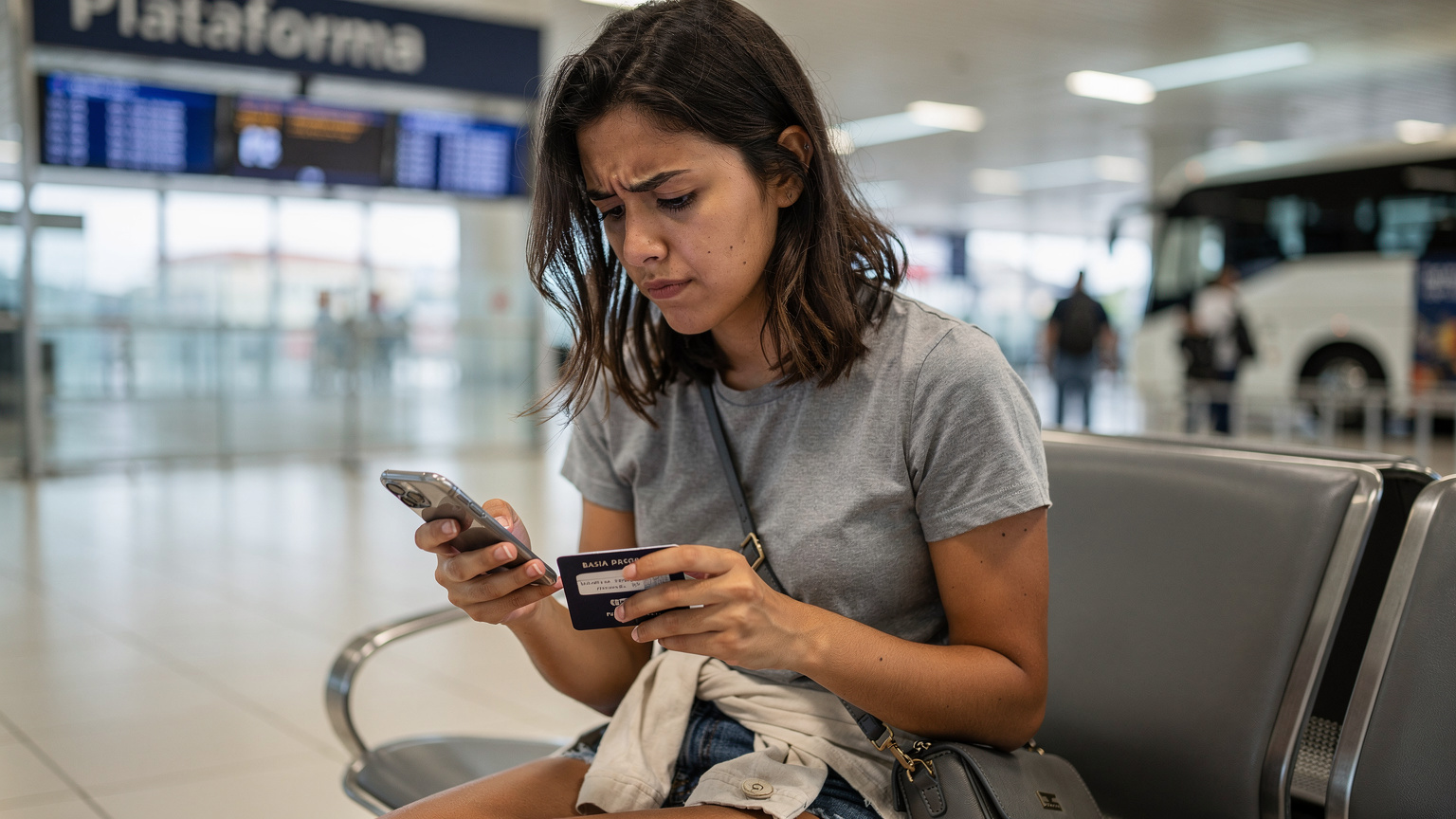 Uma mulher em um terminal de ônibus em Florianópolis, segurando seu celular e um passaporte, olhando para a tela com uma expressão de preocupação, enquanto tenta verificar a compatibilidade do eSIM.