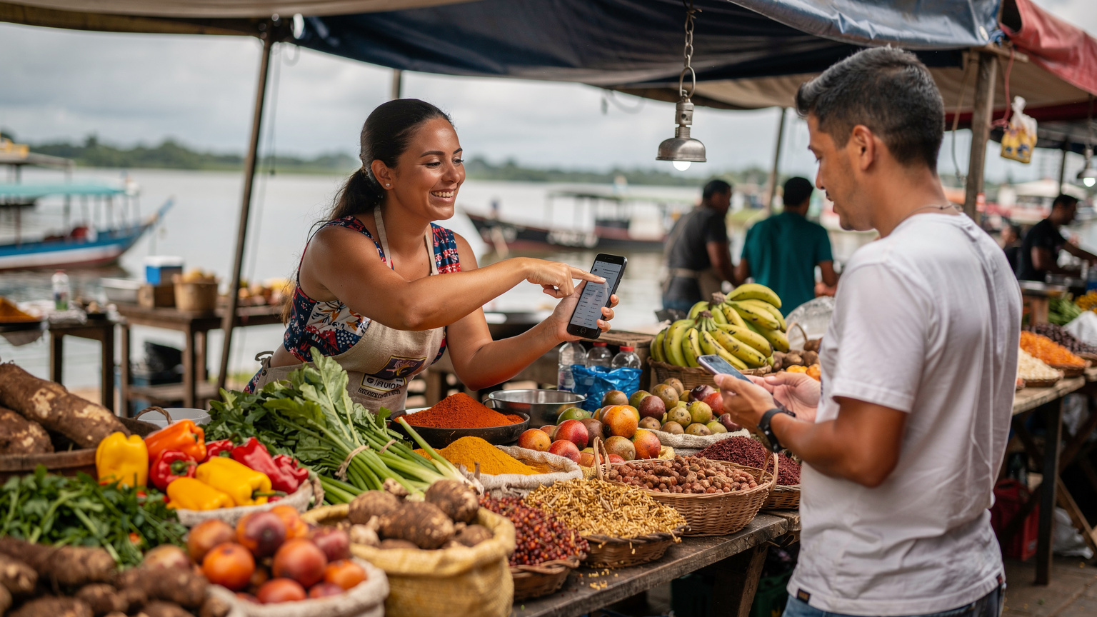 Uma mulher com uma barraca de comida de rua no Mercado Ver-o-Peso em Belém, no Pará, apontando para um cardápio digital em seu celular, enquanto um cliente usa seu próprio aparelho para ver os itens.
